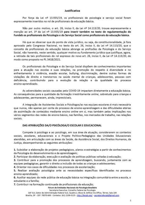 Ofício Circular nº 5/2021/FENPB – referente a solicitação de apoio para a permanência dos profissionais da Psicologia e Serviço Social no Fundeb (PL 3418/2021)