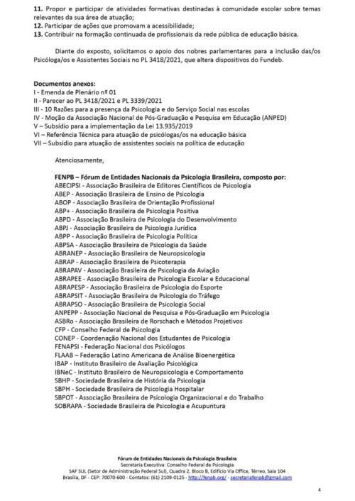 Ofício Circular nº 5/2021/FENPB – referente a solicitação de apoio para a permanência dos profissionais da Psicologia e Serviço Social no Fundeb (PL 3418/2021)